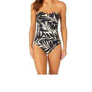 Anne Cole Black and Cream Leaf Print One Piece Swimsuit